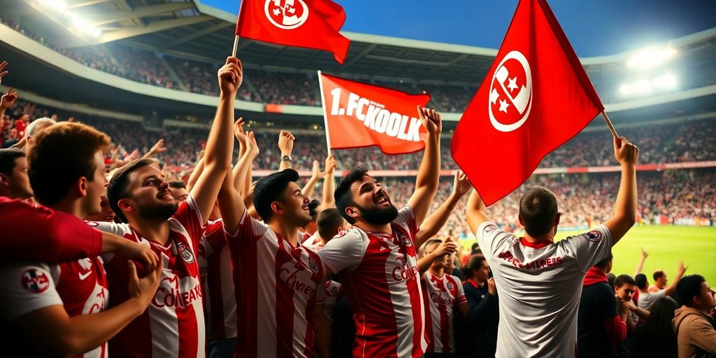 1. FC Köln Fans im Stadion mit rot-weißen Trikots.